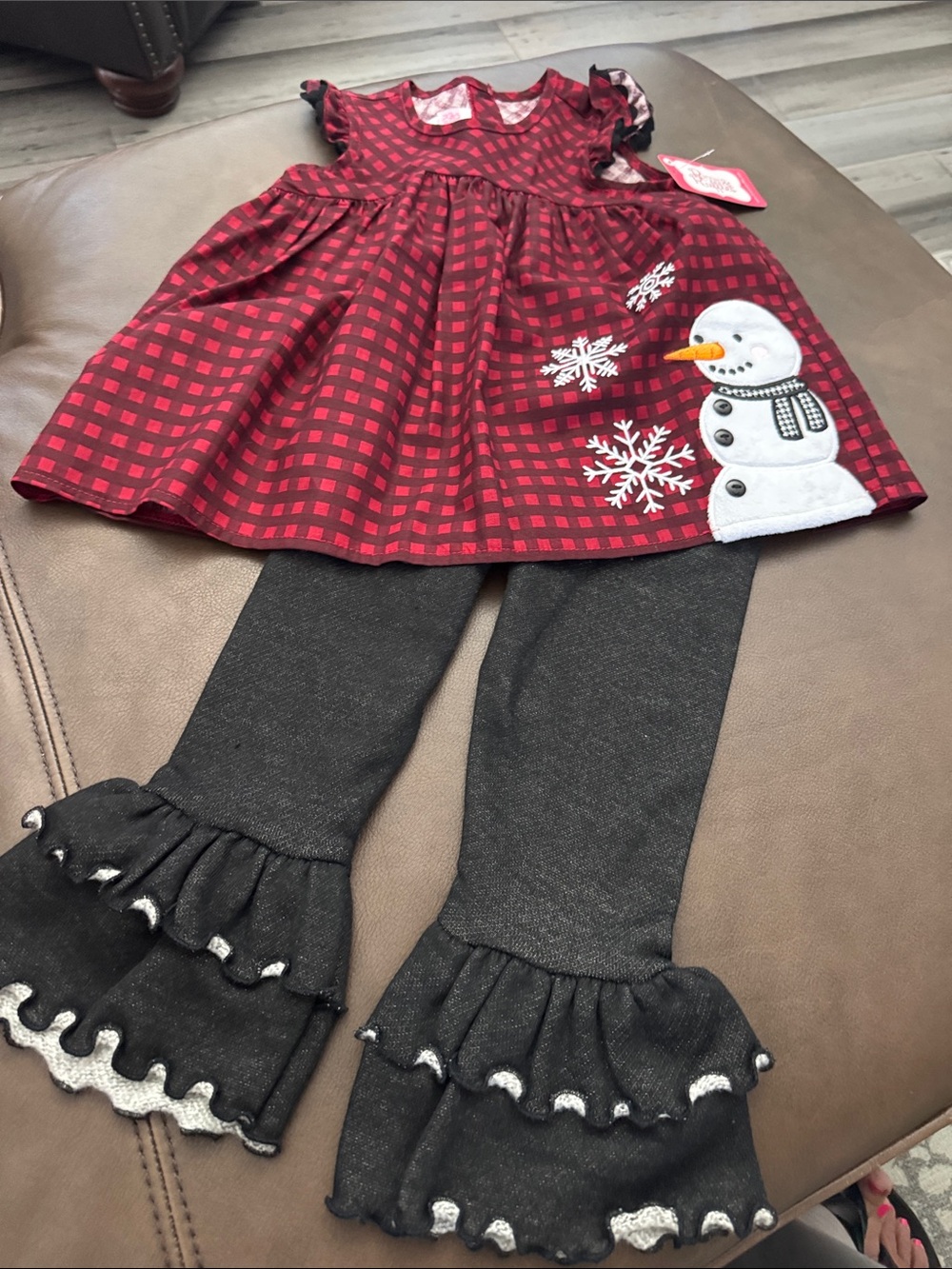 Girls' Red Plaid Snowman Tunic & Black Ruffle Leggings Kids Matching Set